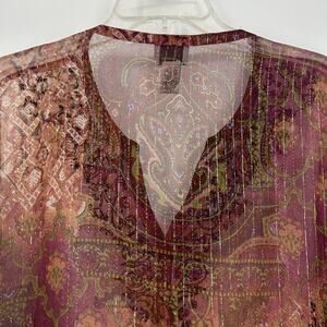 Vintage Chicos 3 Size XL Boho Top Silk Blend Sheer Maroon Metallic Art Floral